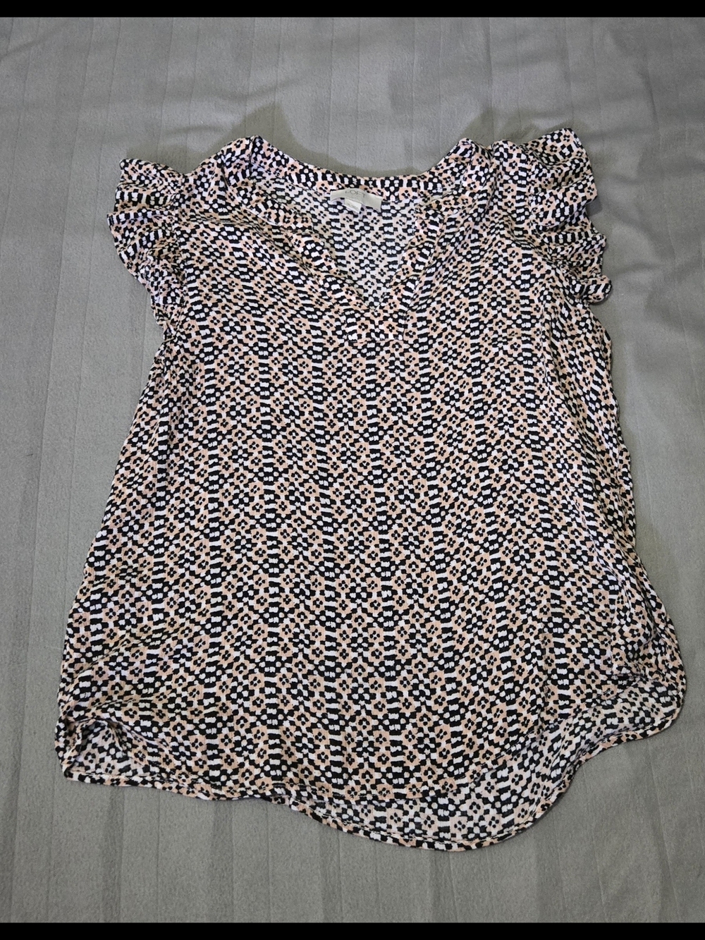 LOFT Pink and Black Printed Flutter Sleeve Blouse